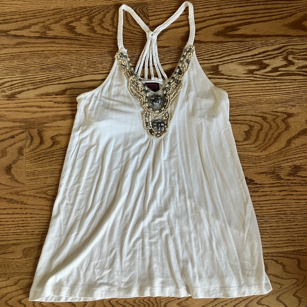 Ivory halter cross cross back tank top with beaded front. Brand: Even. Small